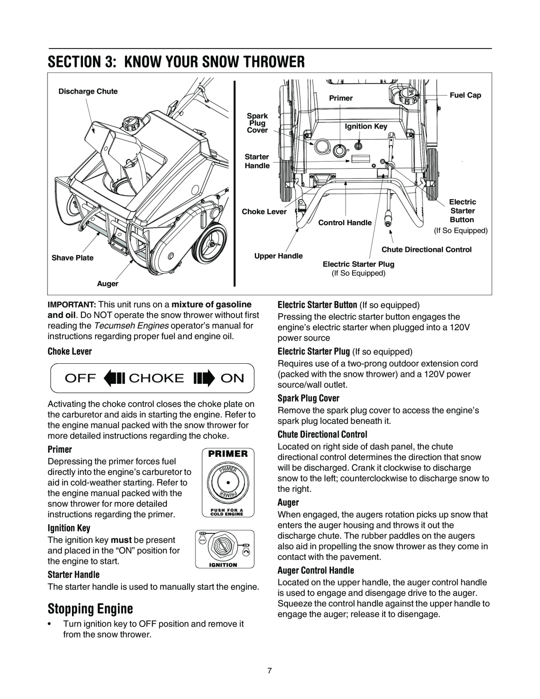 MTD E172, E162, E150, 140 manual Know Your Snow Thrower, Stopping Engine, Off Choke On 