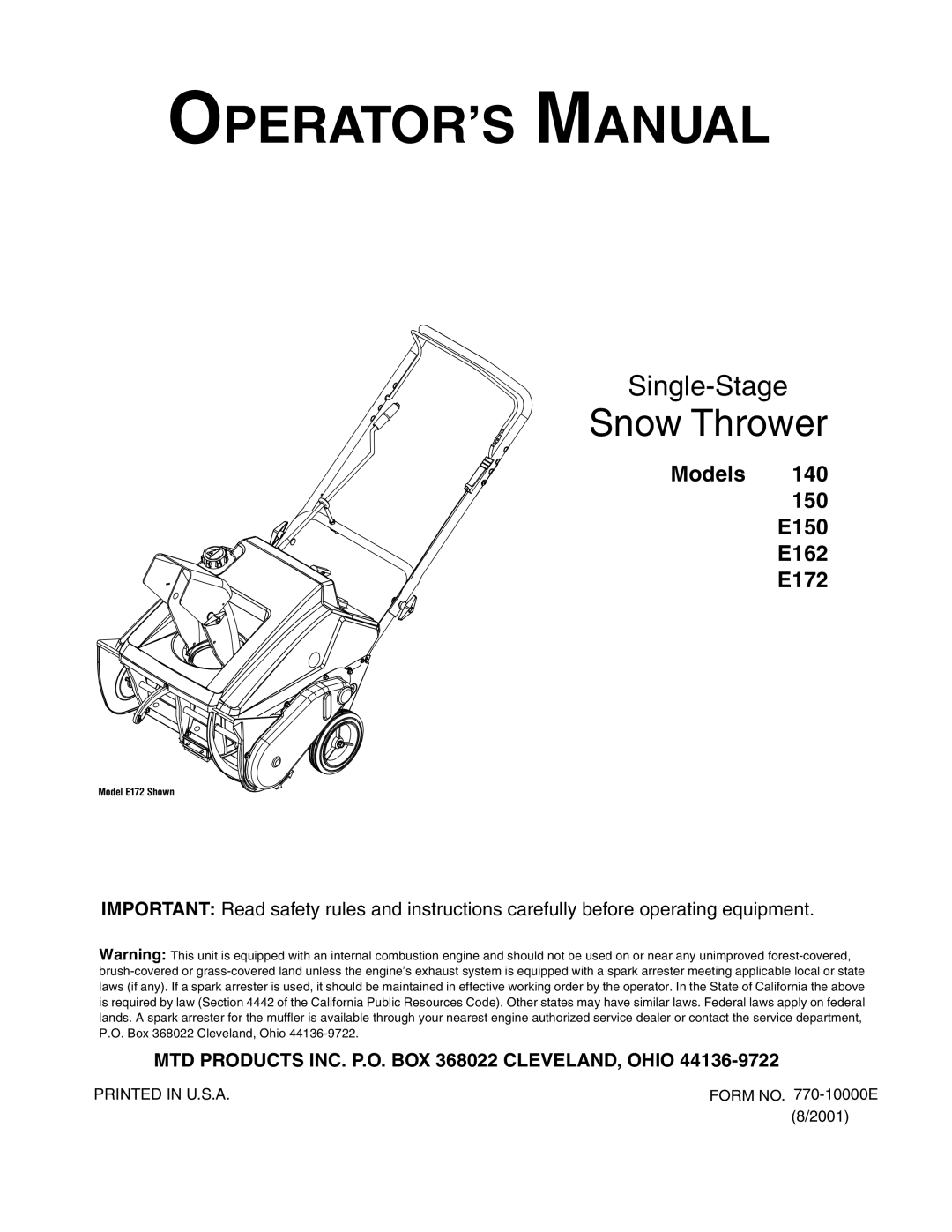 MTD E150, E162, E172, 140 manual OPERATOR’S Manual 