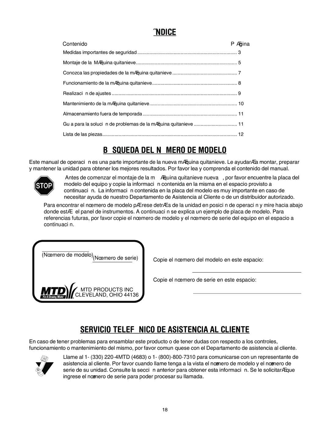 MTD 140, E162, E150, E172 manual Índice 