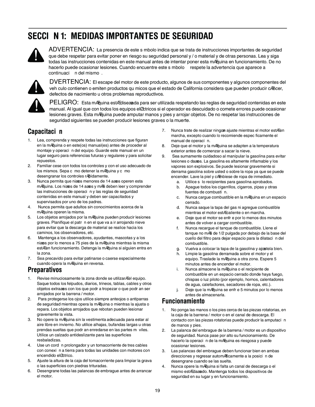 MTD E162, E150, E172, 140 manual Sección 1 Medidas Importantes DE Seguridad, Capacitación, Preparativos, Funcionamiento 