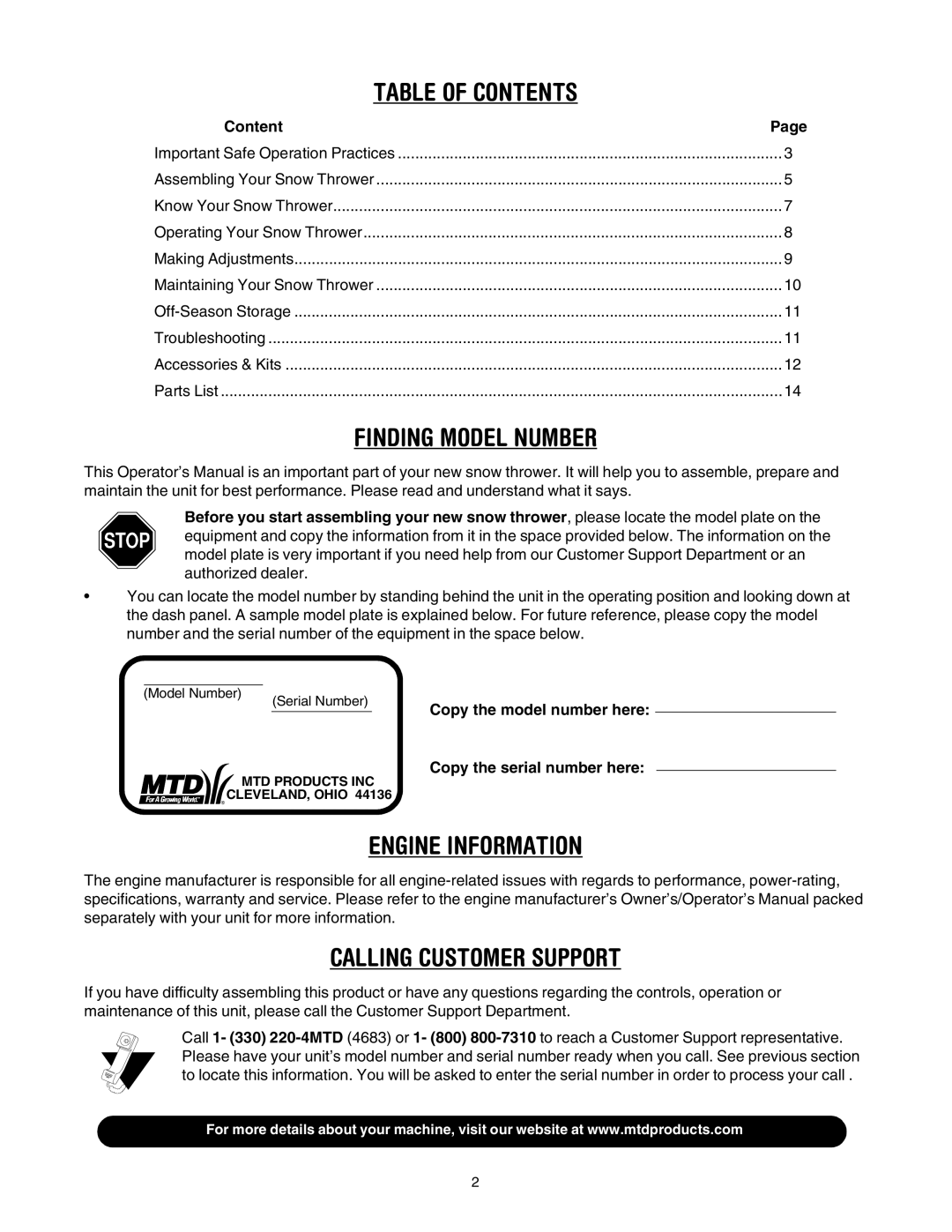 MTD E172, E162, E150, 140 manual Table of Contents 