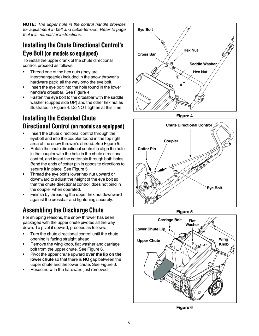 MTD E150, E162, E172, 140 manual Installing the Extended Chute, Assembling the Discharge Chute, Eye Bolt on models so equipped 