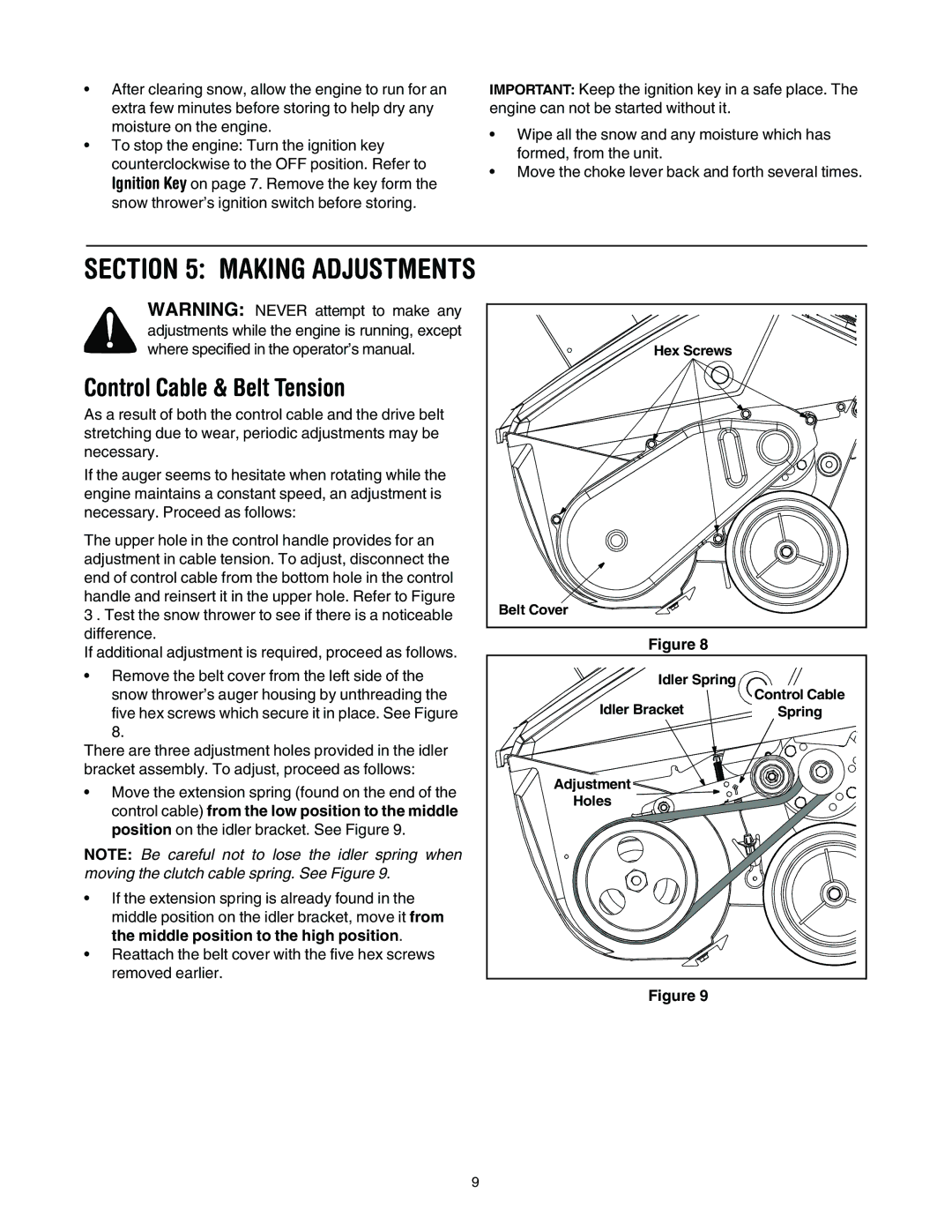 MTD E162, E150, E172, 140 manual Making Adjustments, Control Cable & Belt Tension 