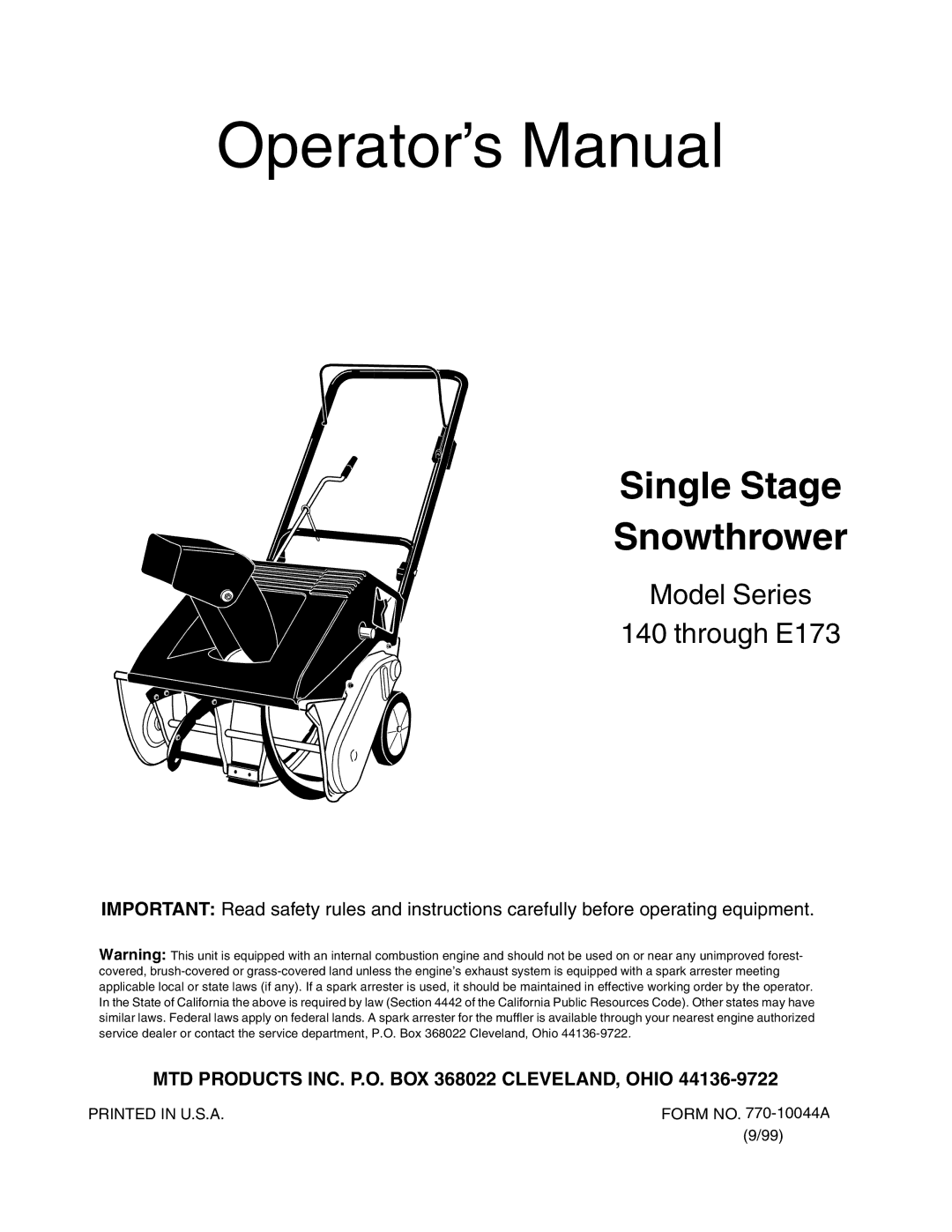 MTD E173 manual Operator’s Manual 