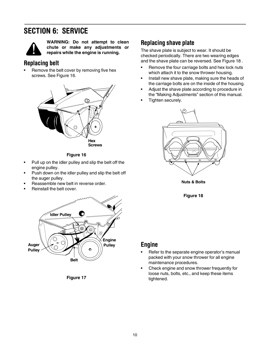 MTD E173 manual Service, Replacing belt, Replacing shave plate, Engine 