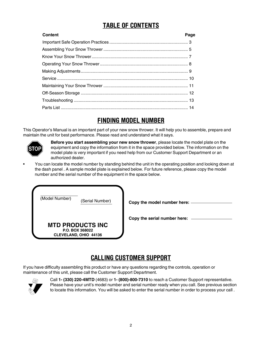 MTD E173 manual Table of Contents 