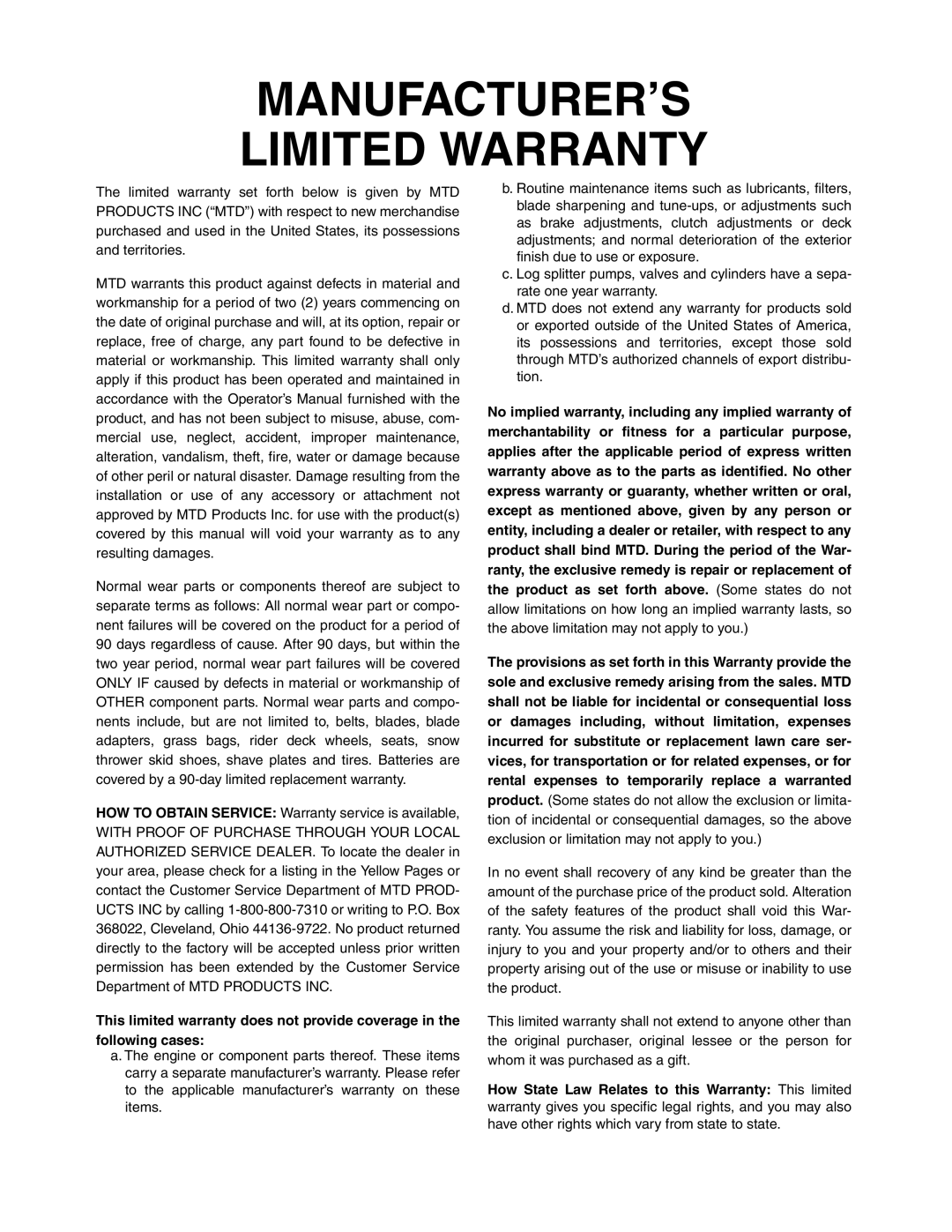 MTD E173 manual MANUFACTURER’S Limited Warranty 