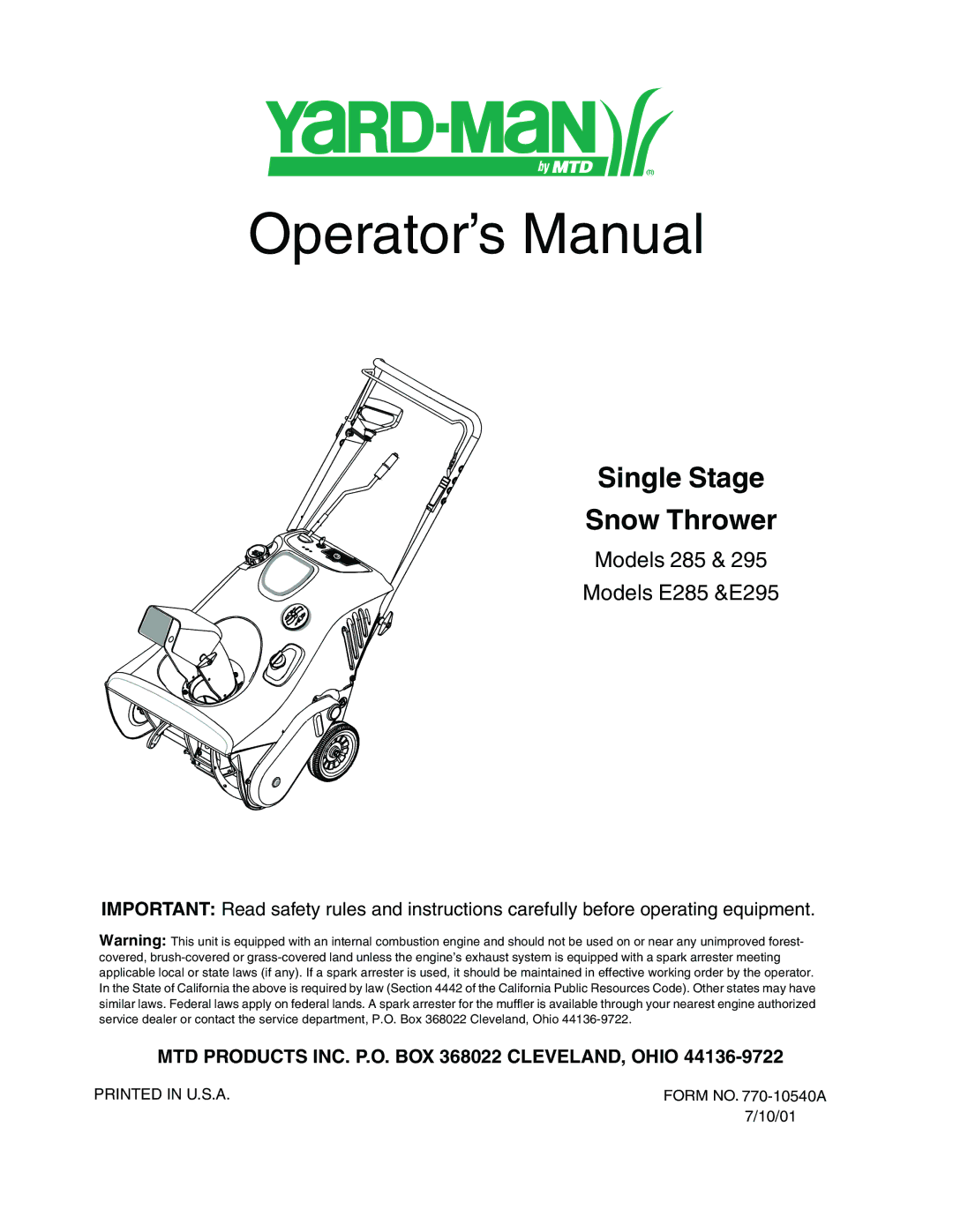 MTD E285, E295 manual Operator’s Manual 