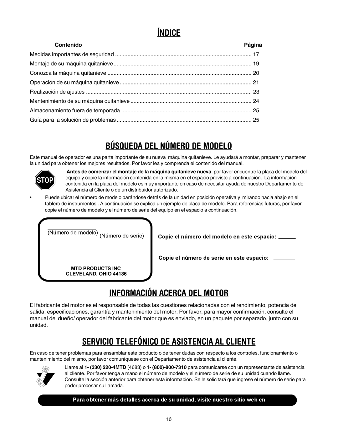 MTD E295, E285 manual Índice, Contenido Página 