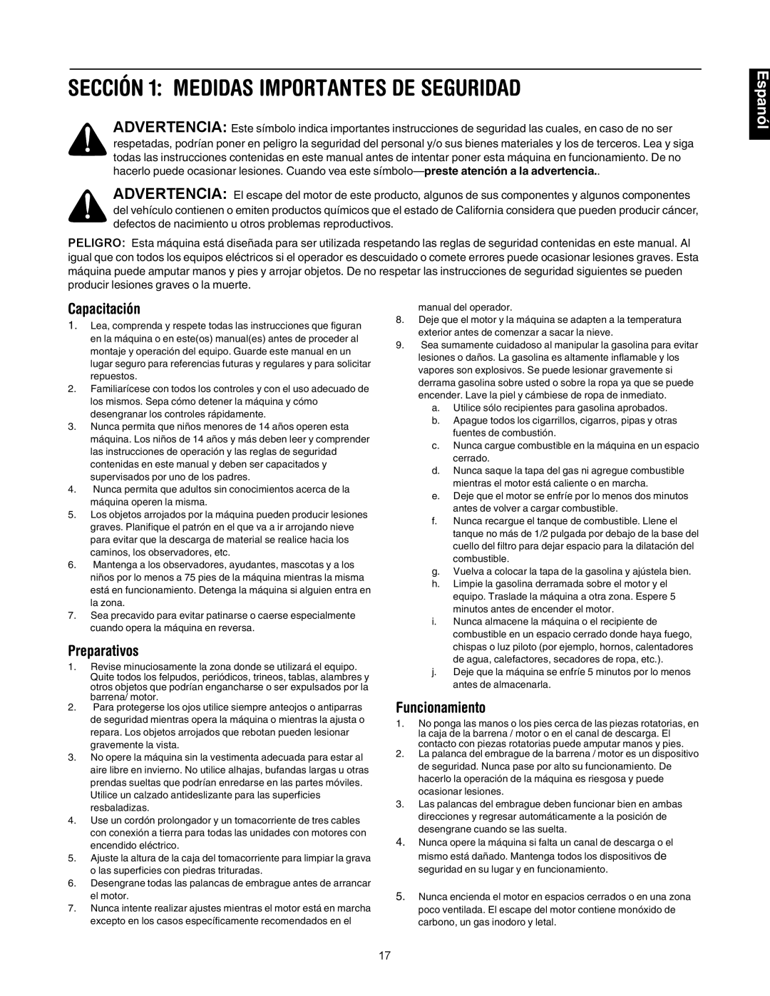 MTD E285, E295 manual Sección 1 Medidas Importantes DE Seguridad, Capacitación, Preparativos, Funcionamiento 