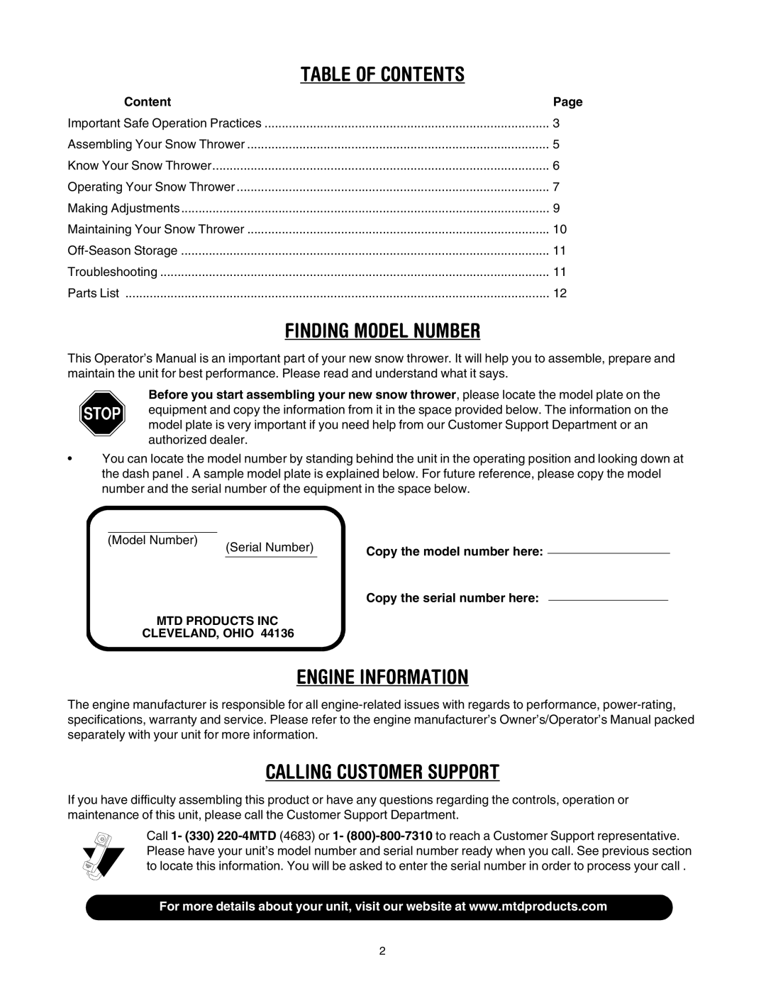 MTD E295, E285 manual Table of Contents 