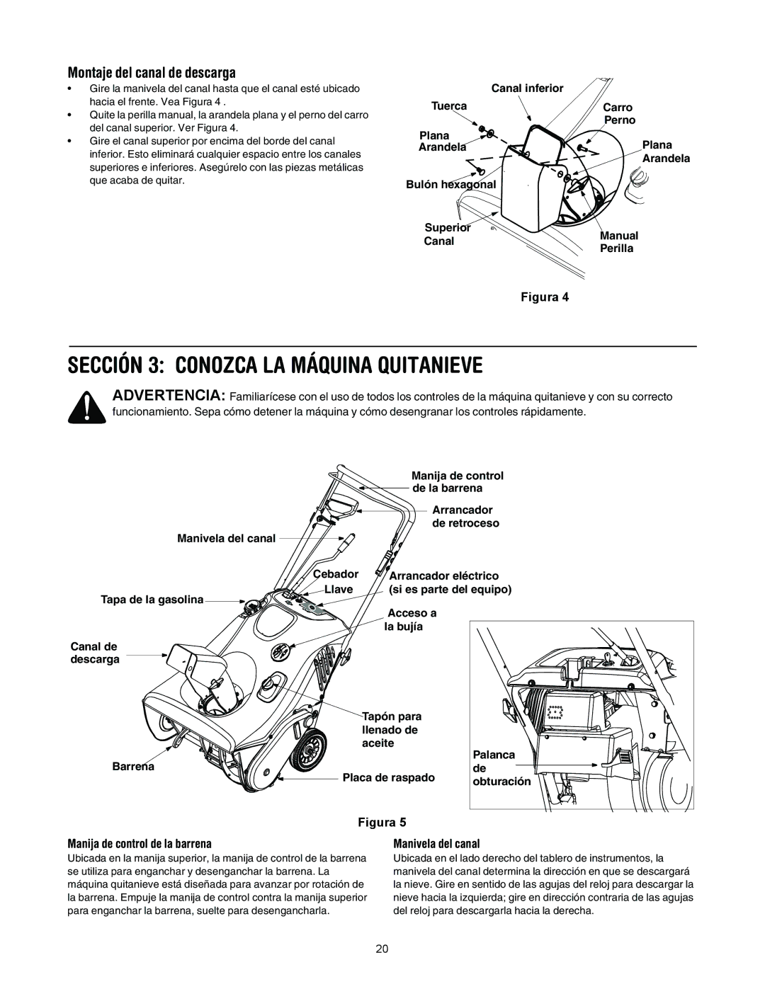 MTD E295, E285 manual Sección 3 Conozca LA Máquina Quitanieve, Montaje del canal de descarga 