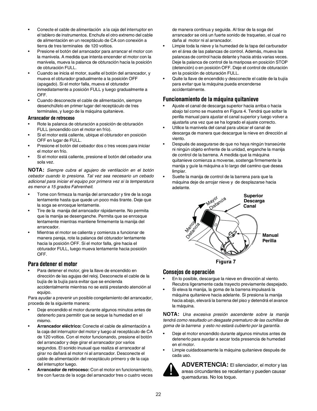 MTD E295, E285 Para detener el motor, Funcionamiento de la máquina quitanieve, Consejos de operación, Descarga, Canal 