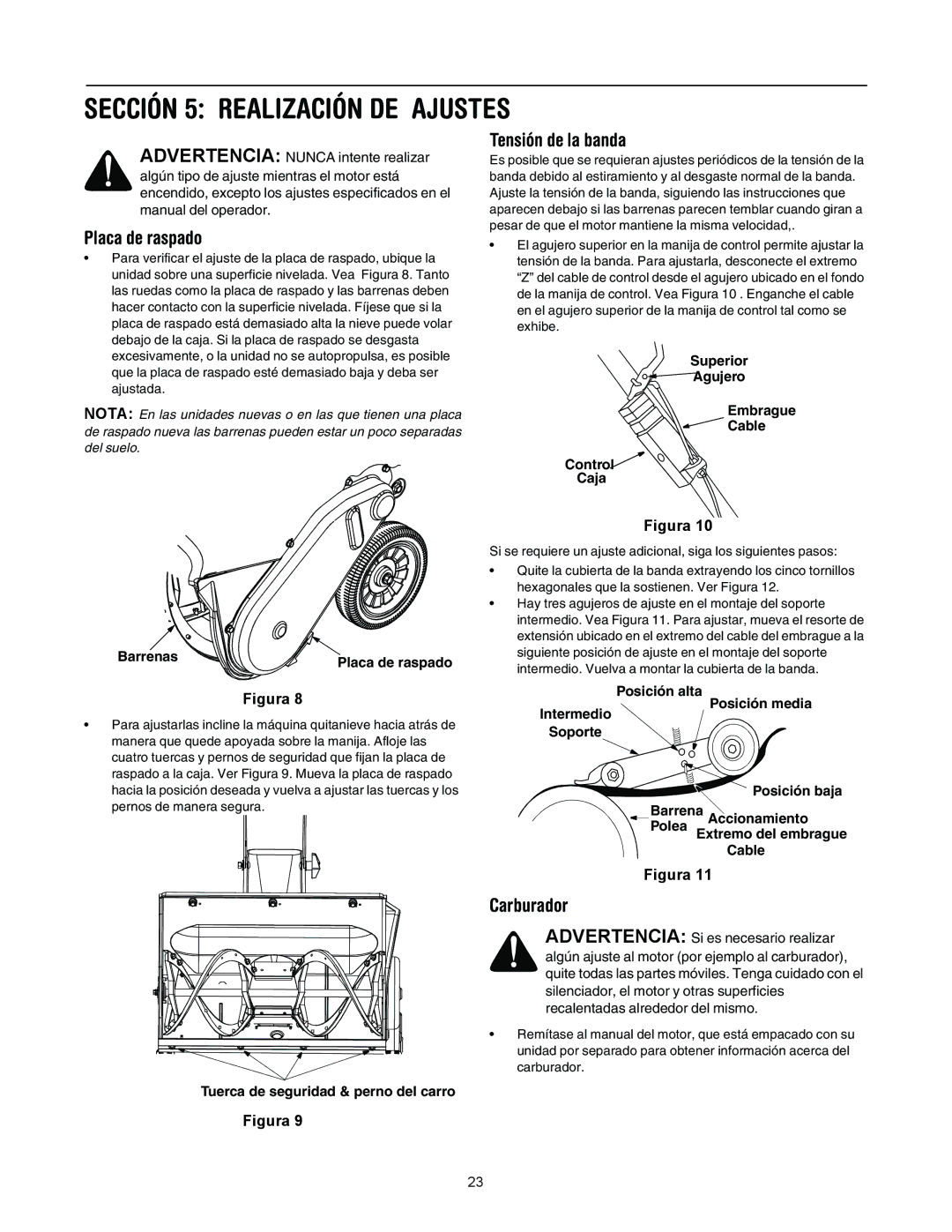 MTD E295, E285 manual Sección 5 Realización DE Ajustes, Placa de raspado, Tensión de la banda, Carburador 