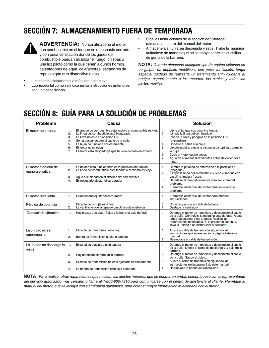 MTD E285, E295 manual Sección 7 Almacenamiento Fuera DE Temporada, Sección 8 Guía Para LA Solución DE Problemas 