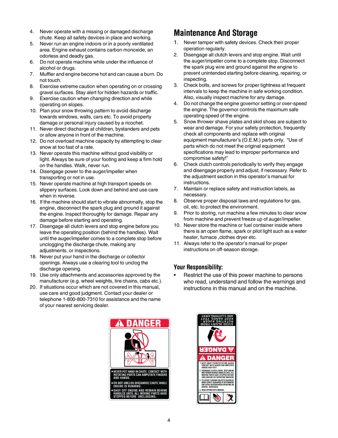 MTD E295, E285 manual Maintenance And Storage, Your Responsibility 