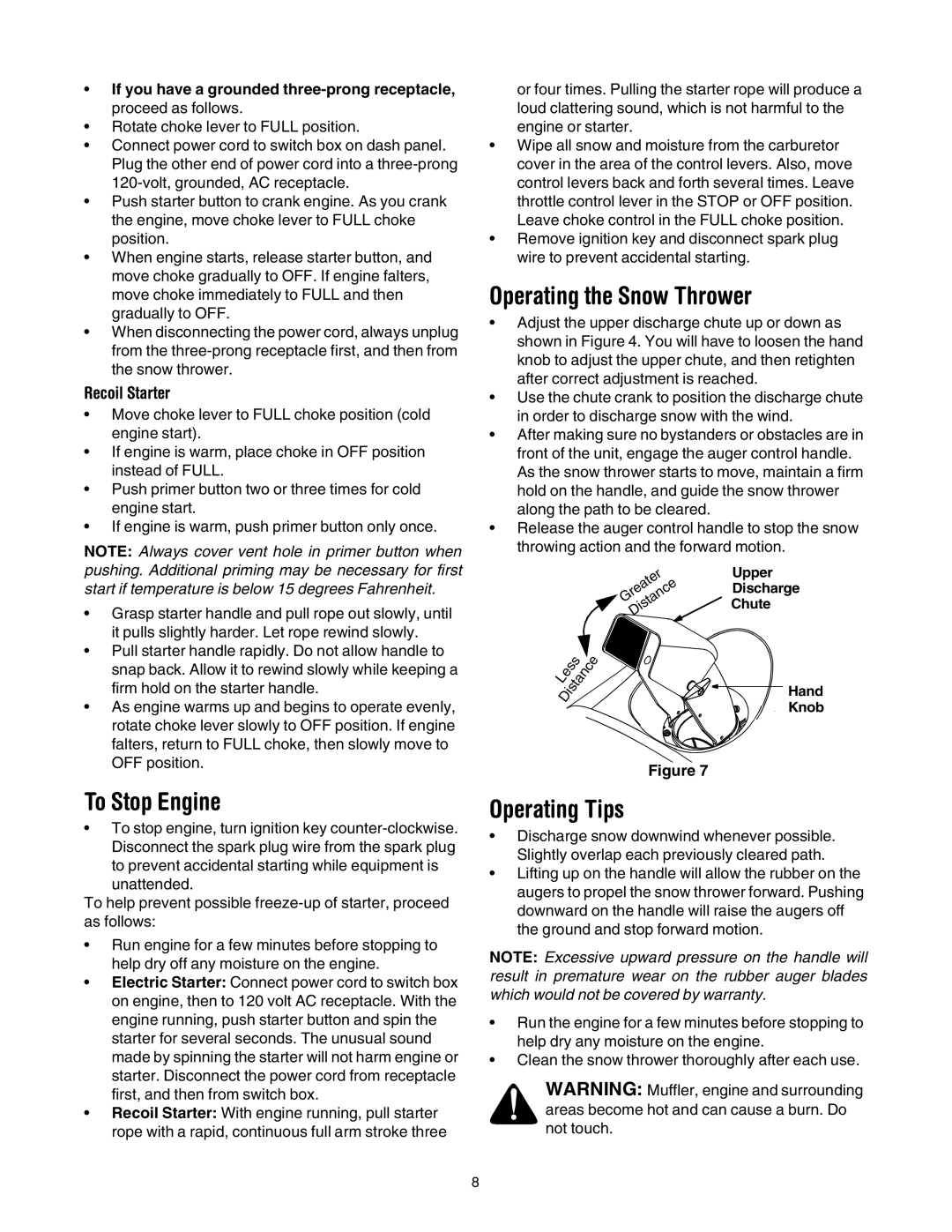 MTD E295, E285 manual To Stop Engine, Operating the Snow Thrower, Operating Tips, Discharge 