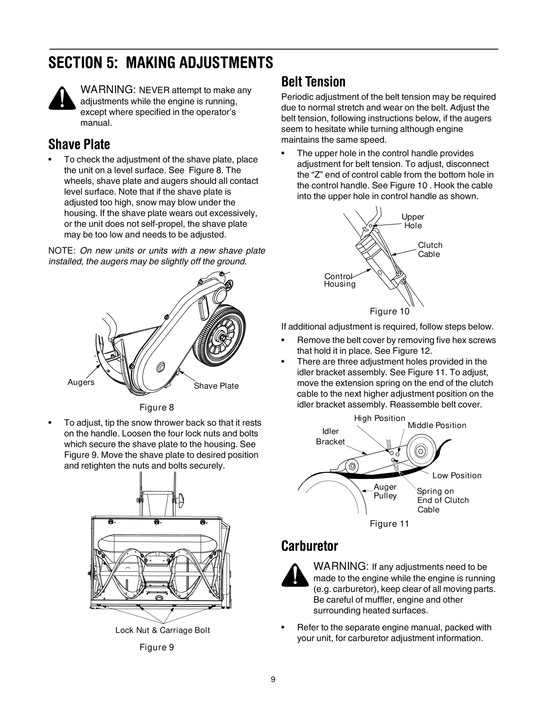 MTD E285, E295 manual Belt Tension, Carburetor, Upper Hole Clutch Cable Control Housing Augers Shave Plate 