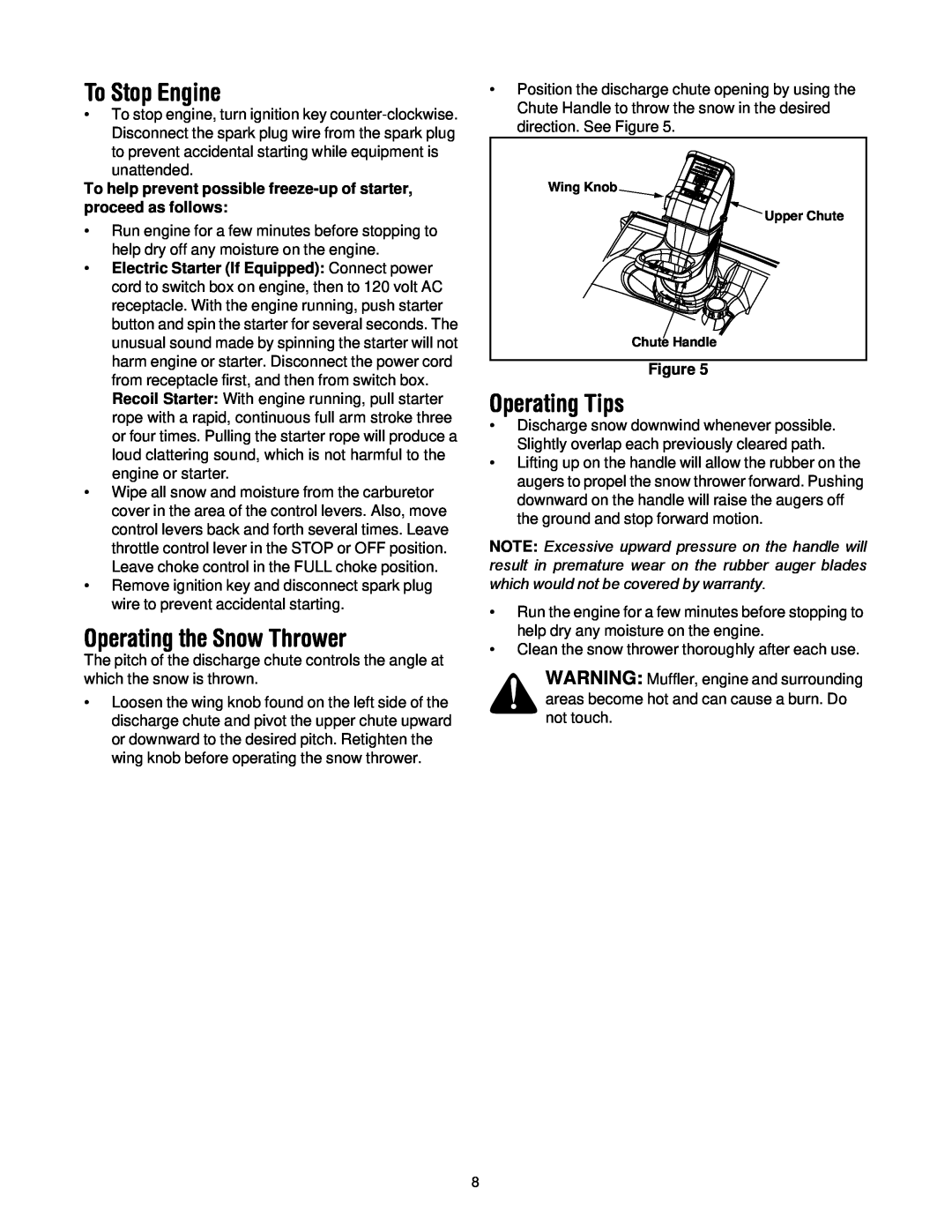 MTD E295, E2B5 manual To Stop Engine, Operating the Snow Thrower, Operating Tips 
