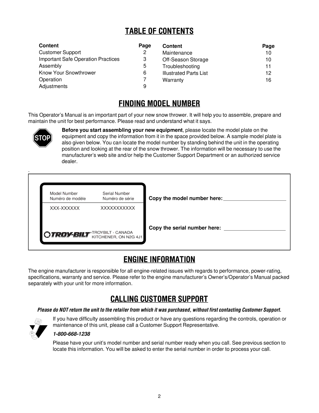 MTD E295, E2B5 manual Table of Contents 