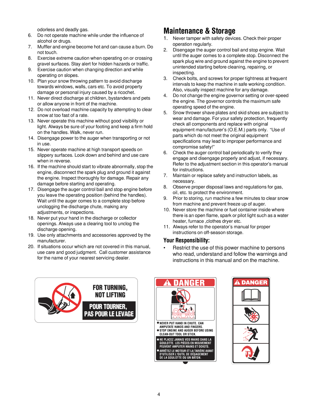 MTD E295, E2B5 manual Maintenance & Storage, Your Responsibility 