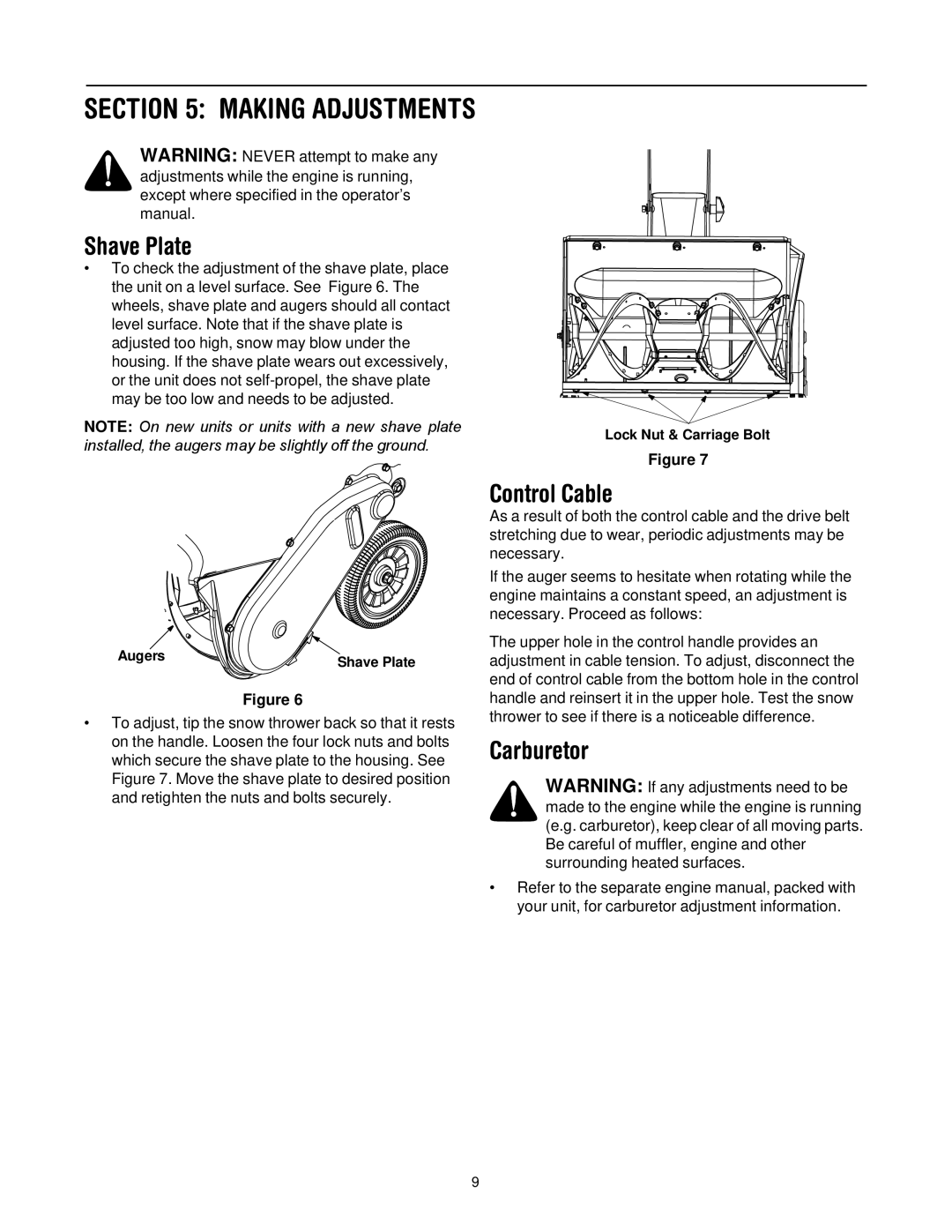 MTD E2B5, E295 manual Making Adjustments, Shave Plate, Control Cable, Carburetor 