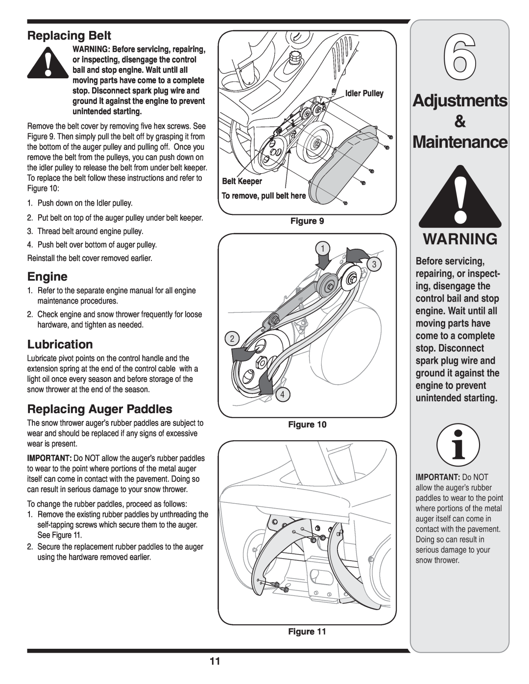 MTD 2B5 & 295 Replacing Belt, Engine, Lubrication, Replacing Auger Paddles, Adjustments & Maintenance, Figure Figure 