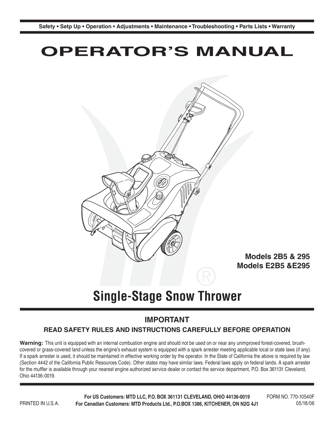 MTD E2B5&E295, E2B5 & E295, 2B5&295, 2B5 & 295 warranty Models 2B5 Models E2B5 &E295, 4J1 05/18/06 