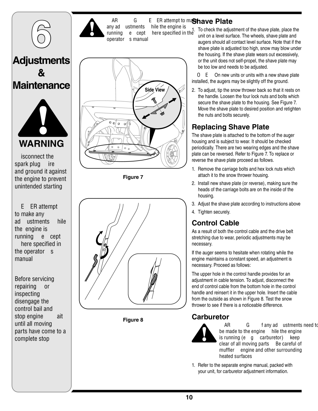 MTD 2B5&295, E2B5 & E295, E2B5&E295, 2B5 & 295 Adjustments Maintenance, Replacing Shave Plate, Control Cable, Carburetor 