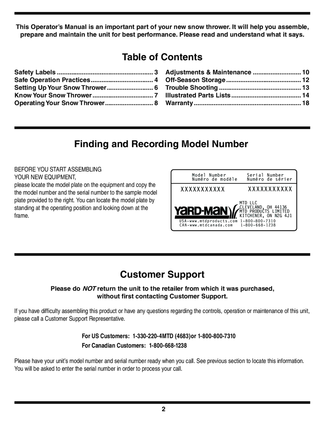 MTD 2B5&295, E2B5 & E295, E2B5&E295, 2B5 & 295 warranty Table of Contents 