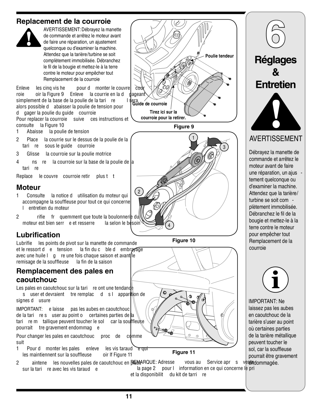 MTD 2B5&295, E2B5 & E295, E2B5&E295, 2B5 & 295 Entretien Réglages, Caoutchouc, En pales des Remplacement, Lubriﬁcation 