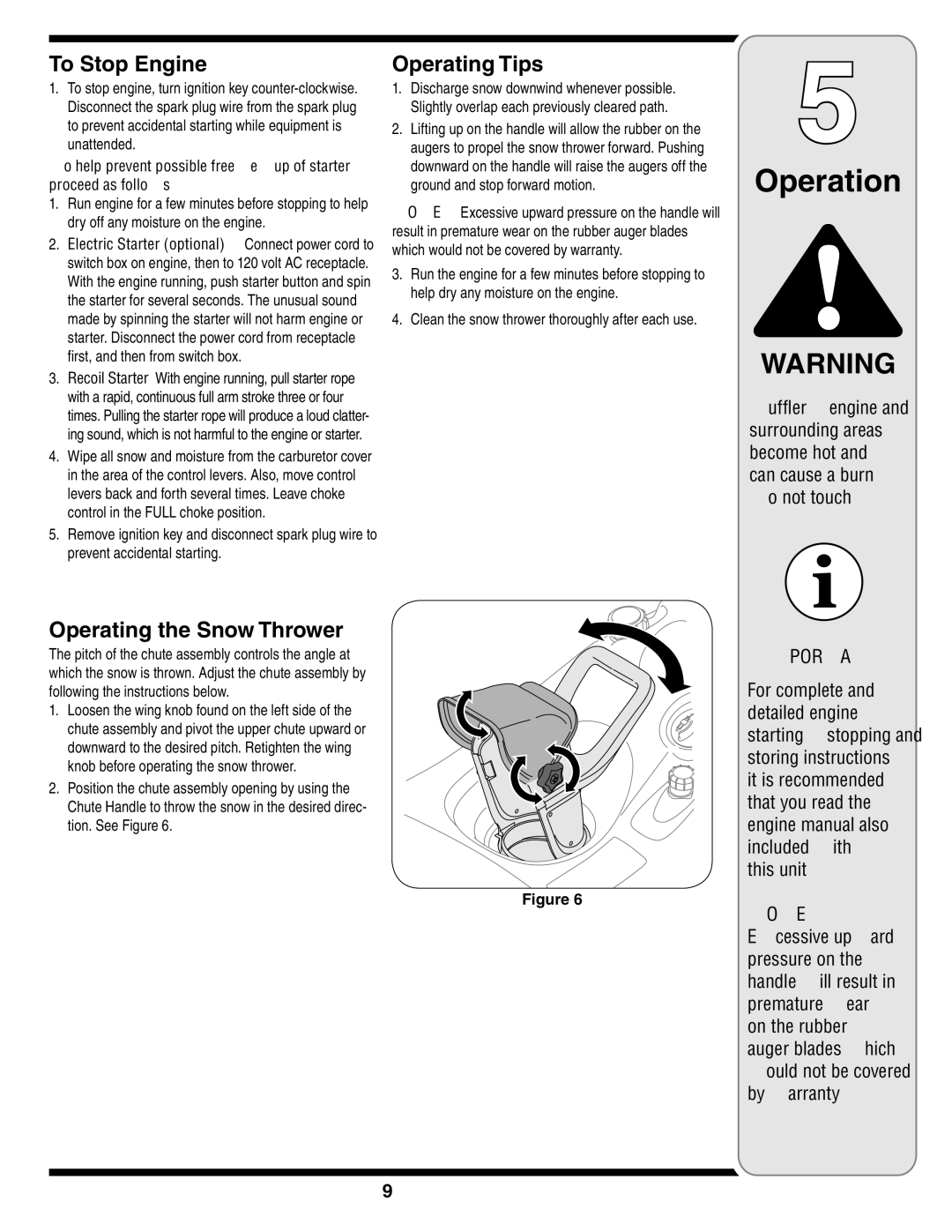 MTD E2B5&E295, E2B5 & E295, 2B5&295, 2B5 & 295 warranty To Stop Engine, Operating Tips, Operating the Snow Thrower, This unit 