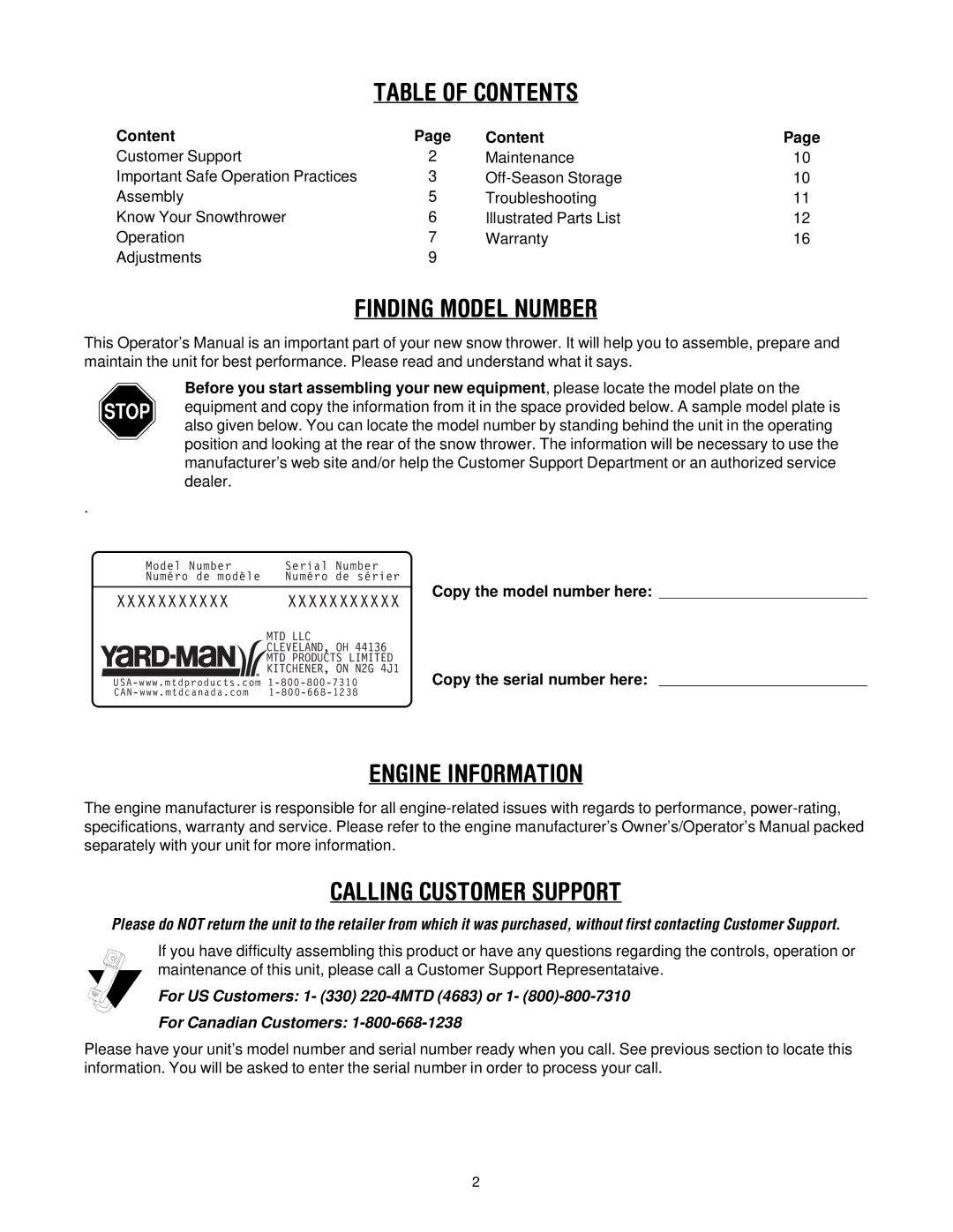 MTD E2B5 manual Table of Contents, Finding Model Number, Engine Information, Calling Customer Support 