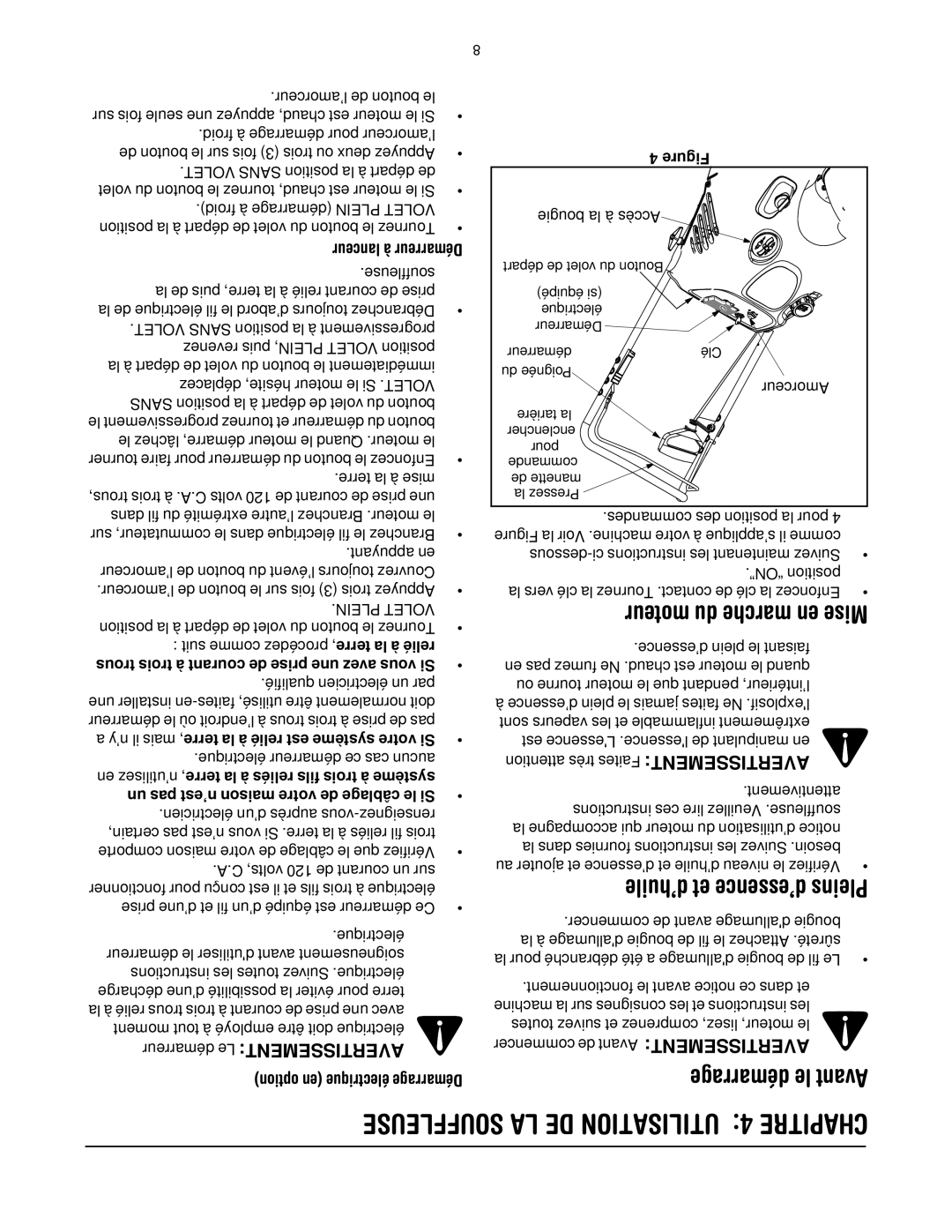 MTD E2B5 Souffleuse LA DE Utilisation 4 Chapitre, Moteur du marche en Mise, ’huile et d’essence Pleins, Démarrage le Avant 