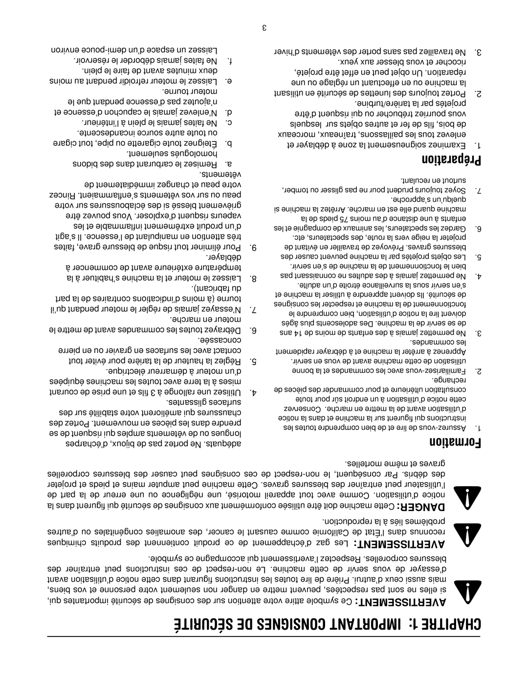 MTD E2B5 manual Sécurité DE Consignes Important 1 Chapitre, Préparation, Formation 