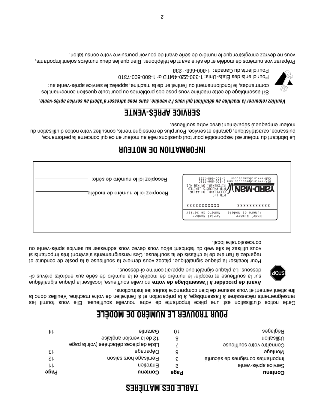 MTD E2B5 manual Moteur DE Information, Modèle DE Numéro LE Trouver Pour, Matières DES Table 