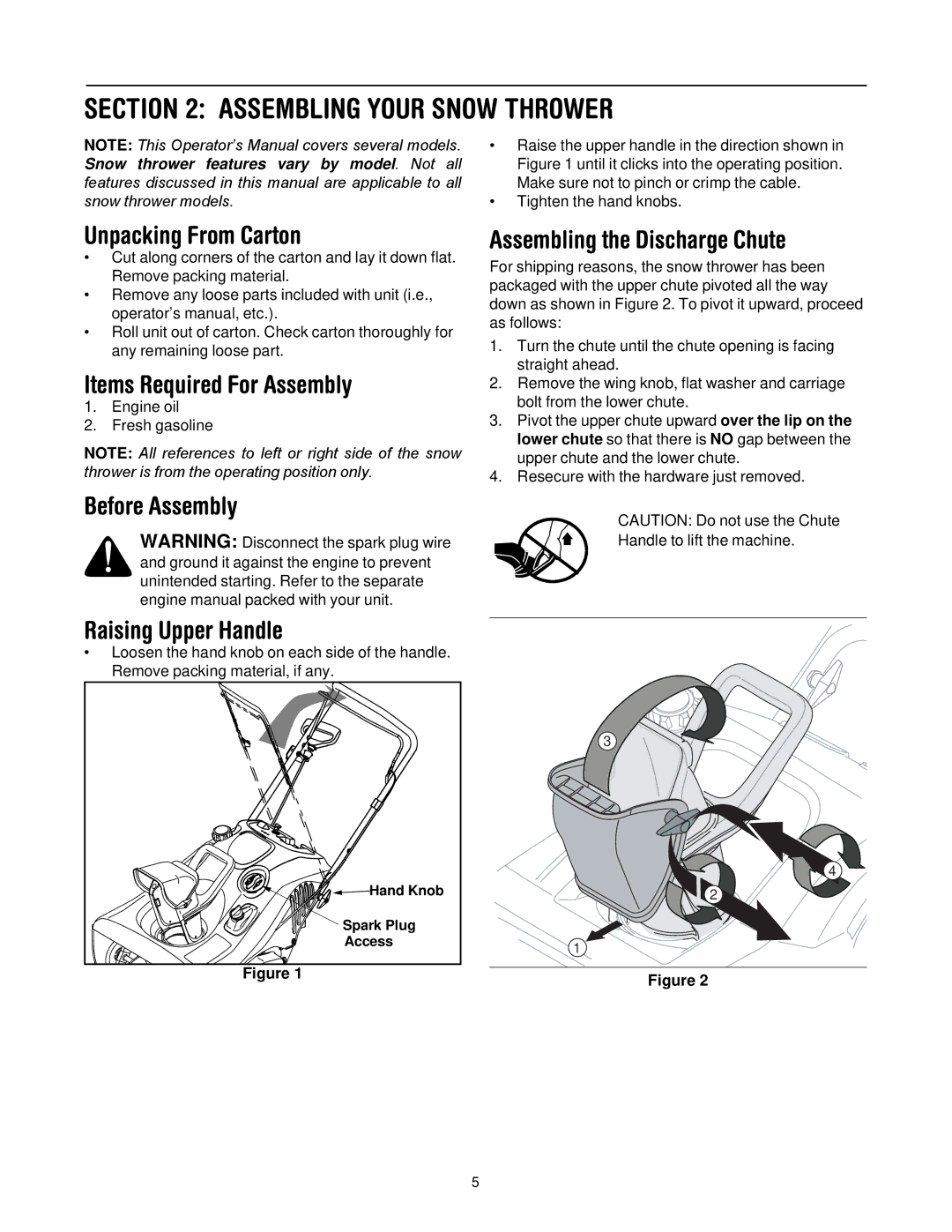 MTD E2B5 Assembling Your Snow Thrower, Unpacking From Carton, Items Required For Assembly, Assembling the Discharge Chute 