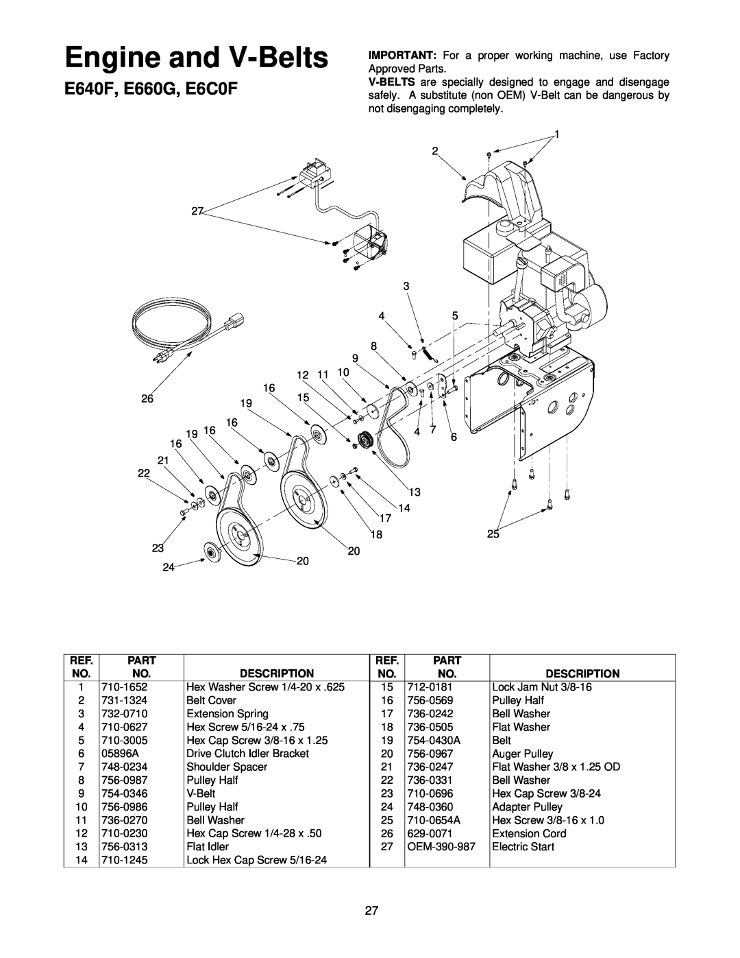 MTD E600E manual E640F, E660G, E6C0F, Engine and V-Belts 