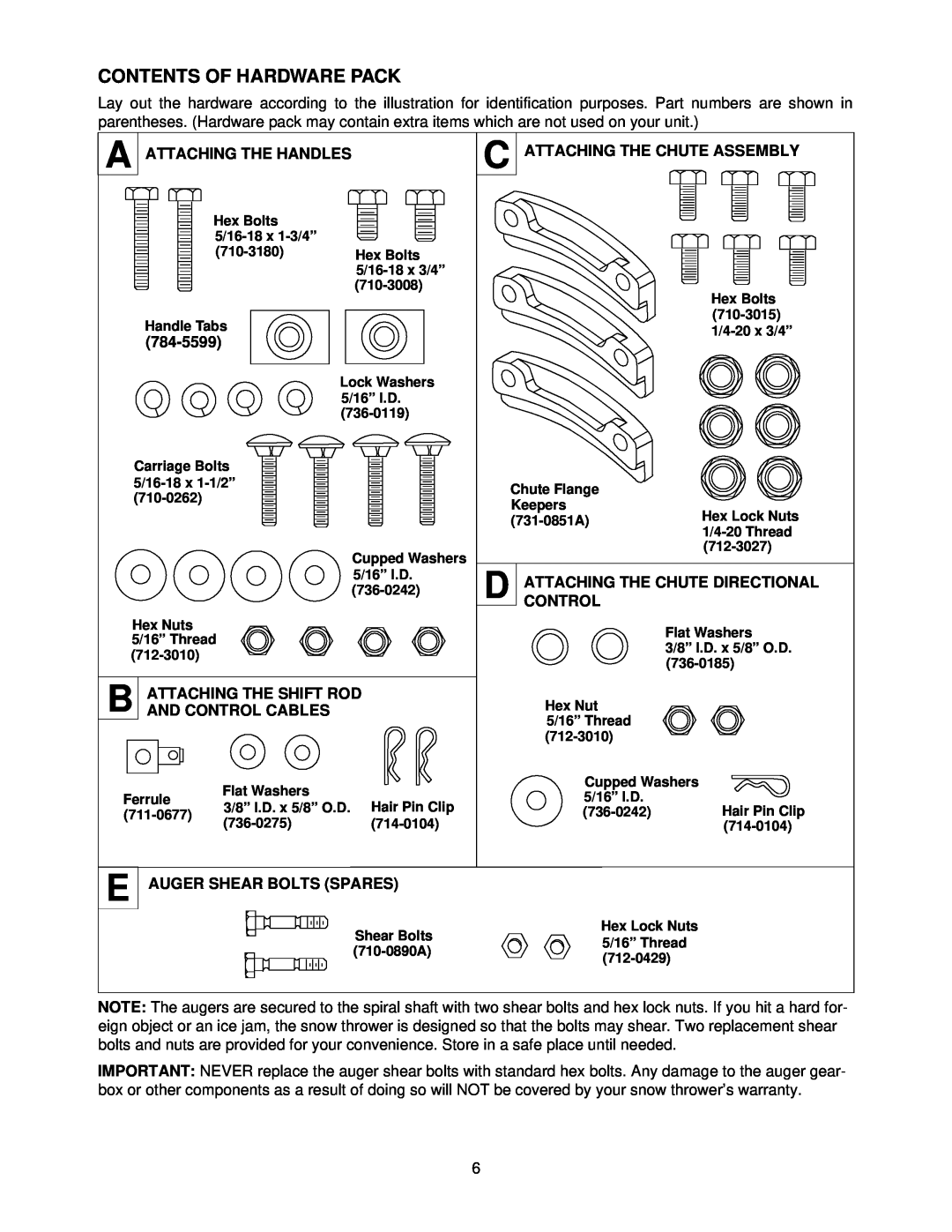 MTD E600E manual Contents Of Hardware Pack, A Attaching The Handles, C Attaching The Chute Assembly, 784-5599, D Control 