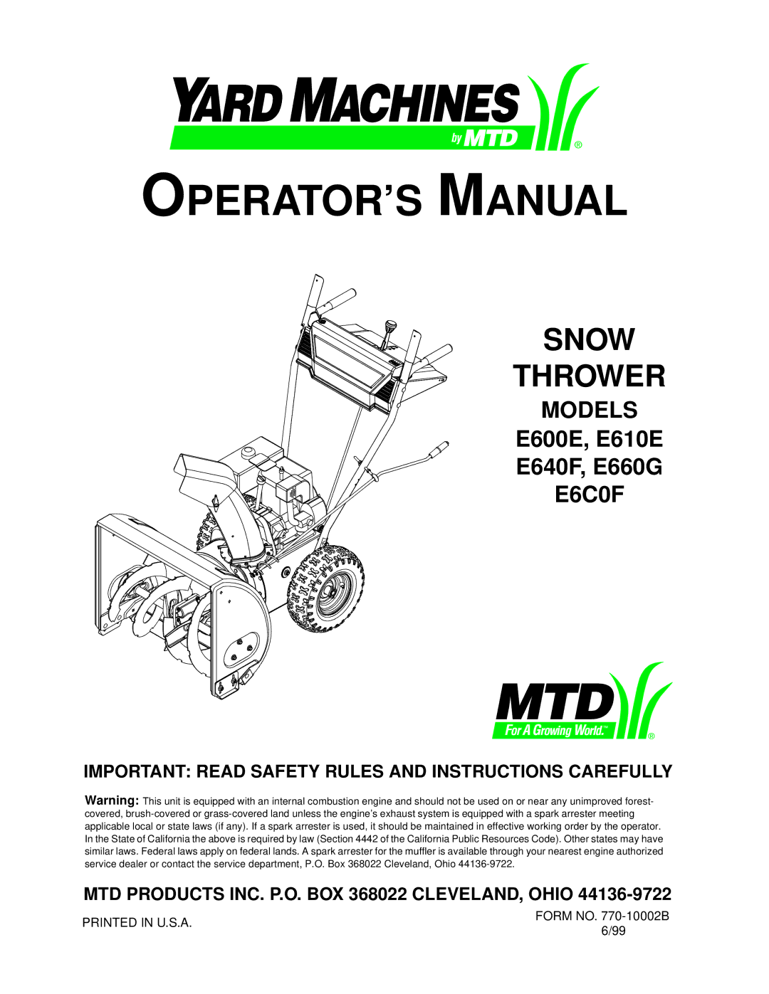 MTD E600E manual OPERATOR’S Manual 