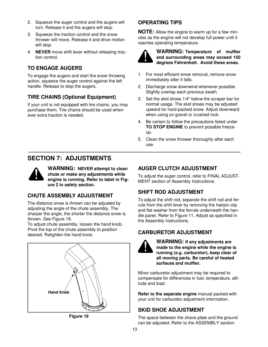 MTD E600E manual Adjustments 