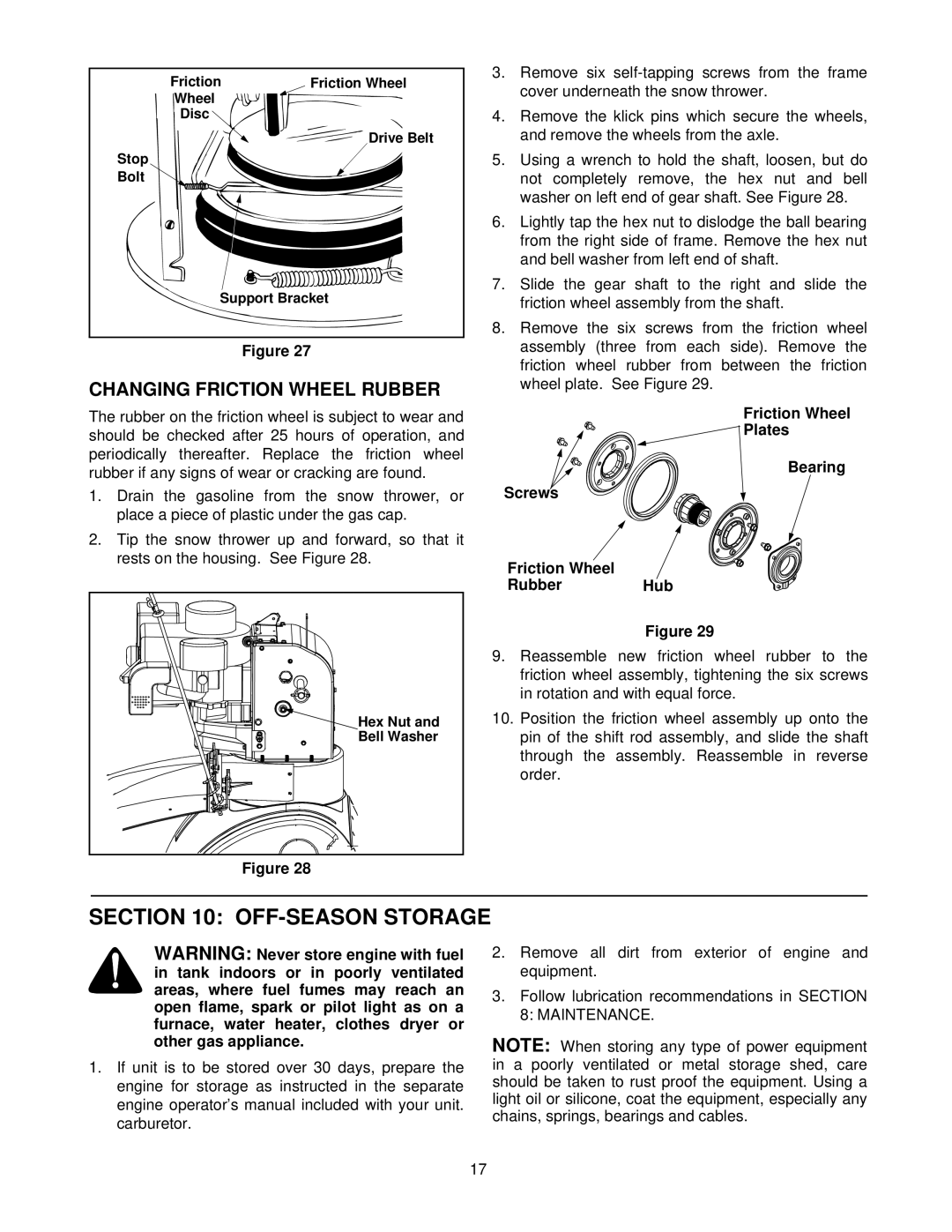 MTD E600E manual OFF-SEASON Storage, Changing Friction Wheel Rubber, Friction Wheel Plates Bearing Screws RubberHub 