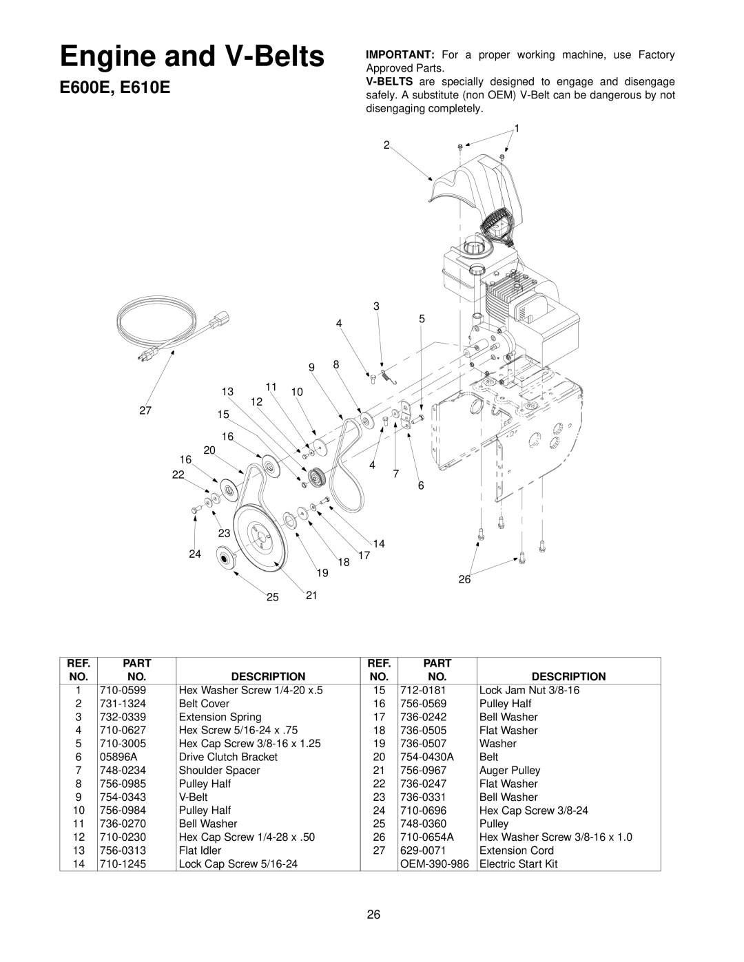 MTD manual Engine and V-Belts, E600E, E610E 