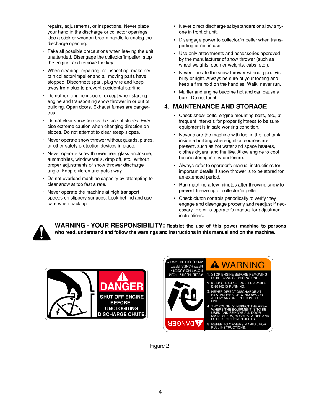 MTD E600E manual Maintenance and Storage, Shut OFF Engine Before Unclogging Discharge Chute 