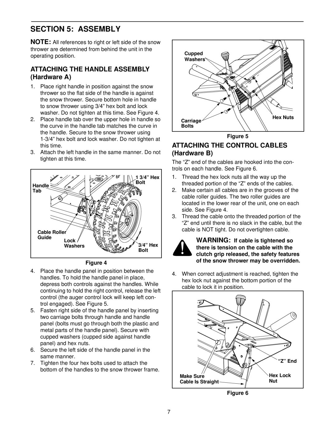 MTD E600E manual Attaching the Handle Assembly Hardware a, Attaching the Control Cables Hardware B 