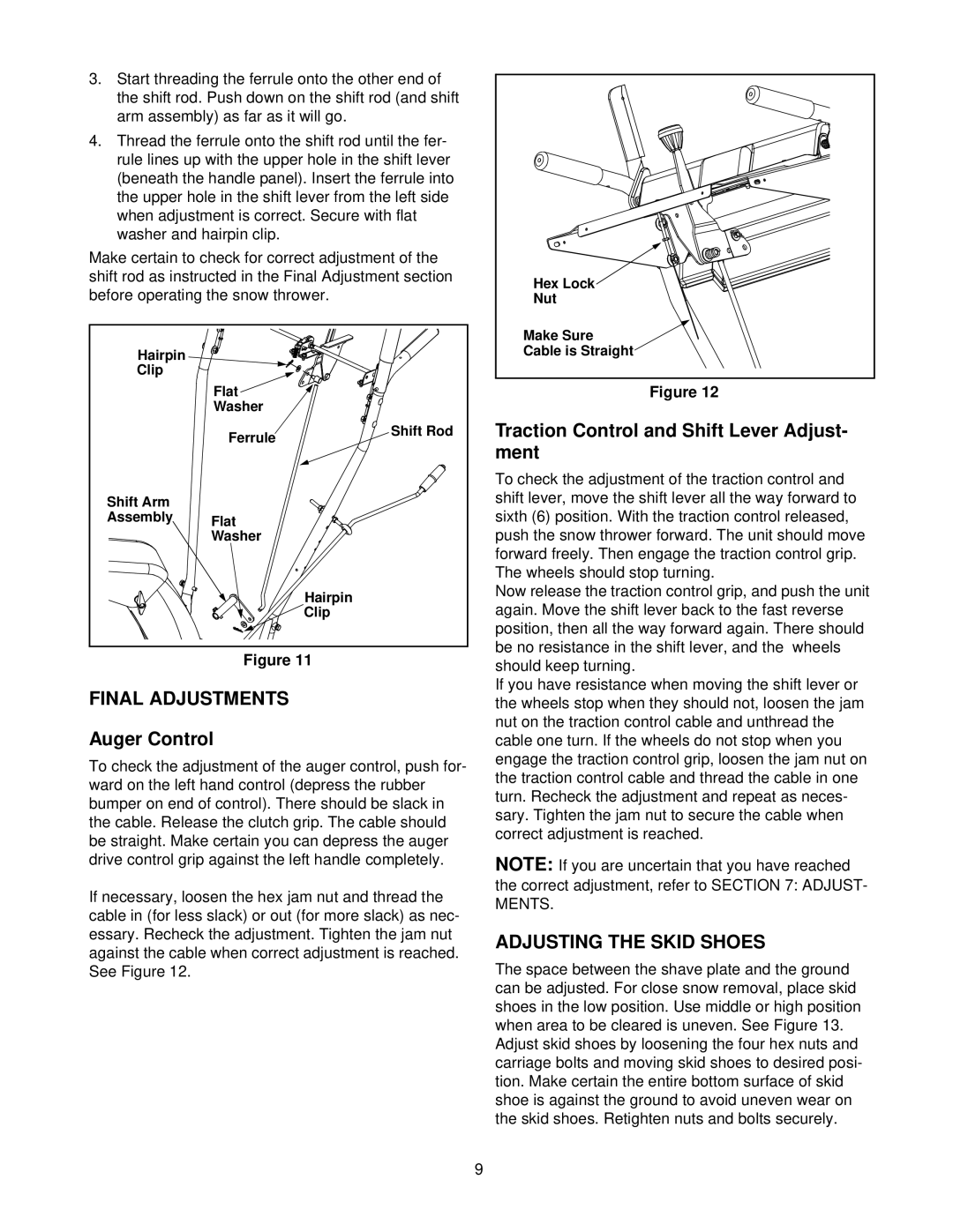 MTD E600E manual Final Adjustments, Auger Control, Traction Control and Shift Lever Adjust- ment, Adjusting the Skid Shoes 