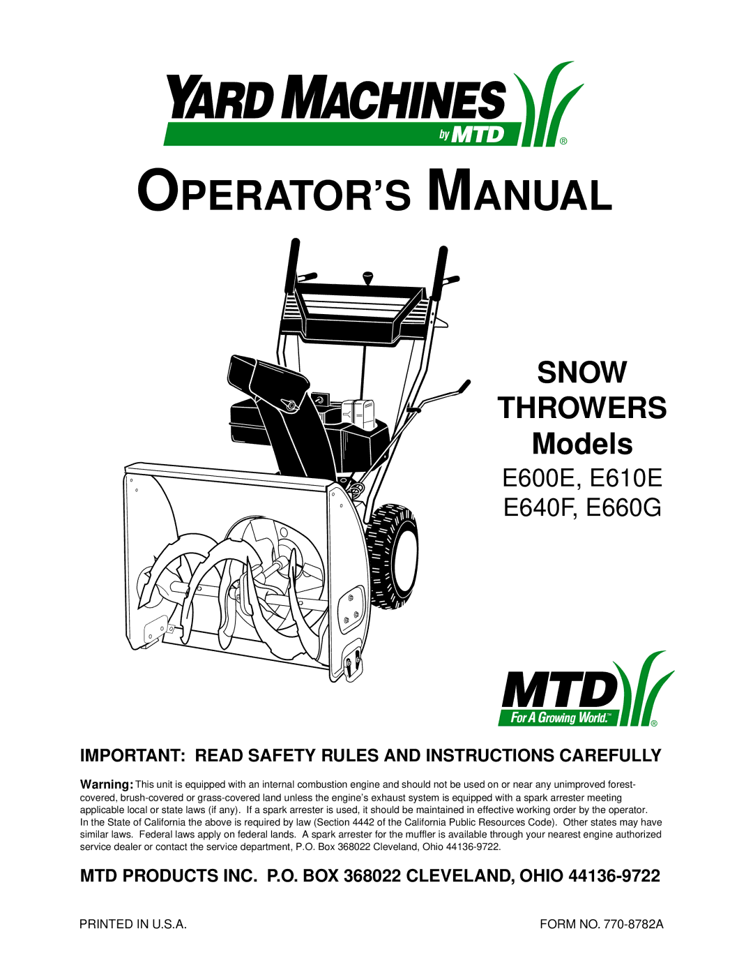 MTD E640F manual Important Read Safety Rules and Instructions Carefully, MTD Products INC. P.O. BOX 368022 CLEVELAND, Ohio 