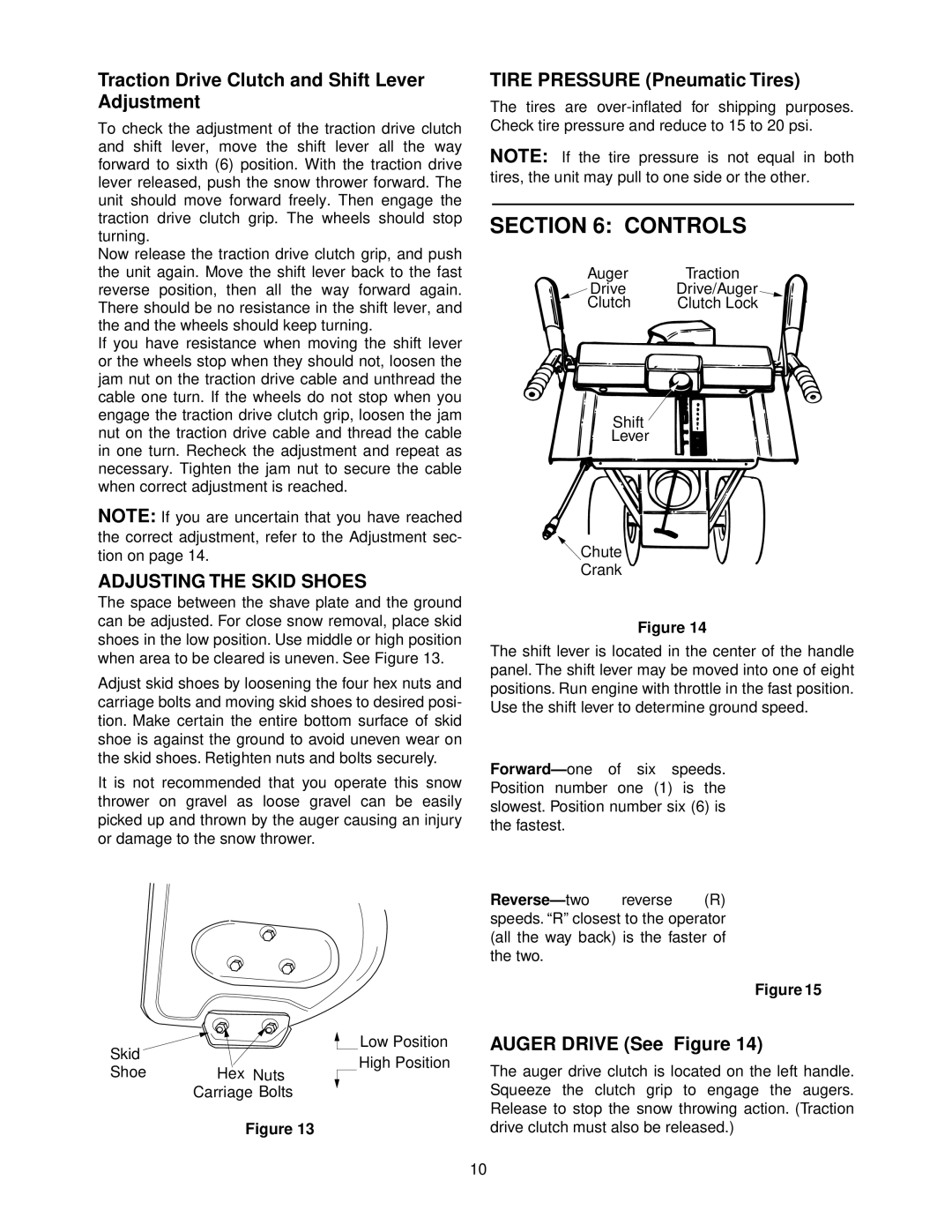 MTD E640F Controls, Traction Drive Clutch and Shift Lever Adjustment, Adjusting the Skid Shoes, Auger Drive See Figure 