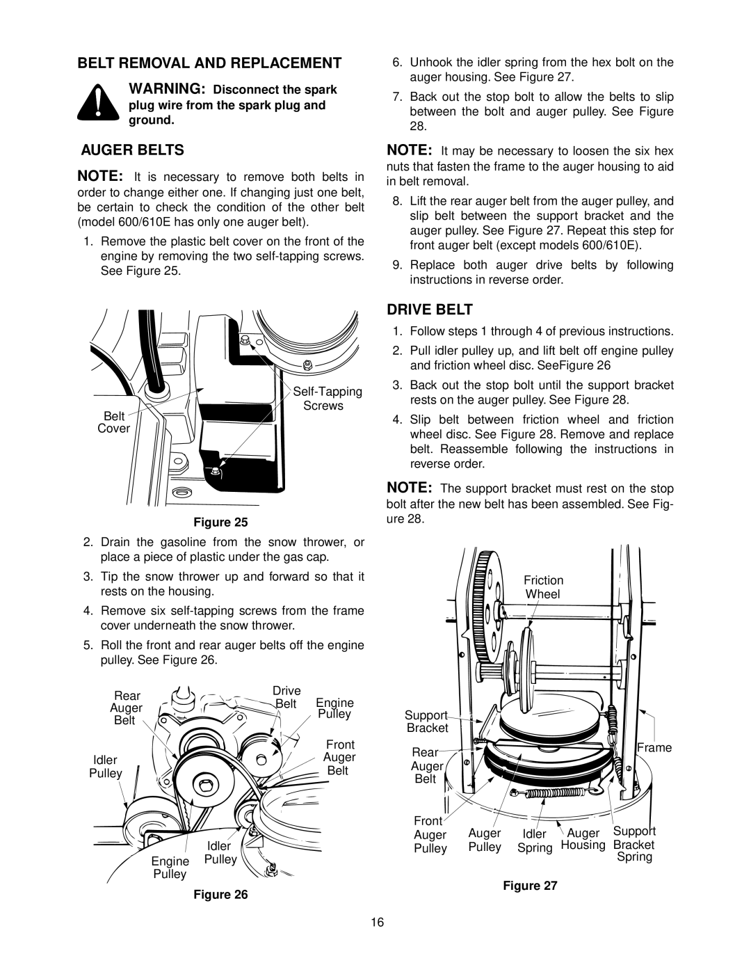 MTD E640F, E660G, E610E manual Belt Removal and Replacement Auger Belts, Drive Belt 