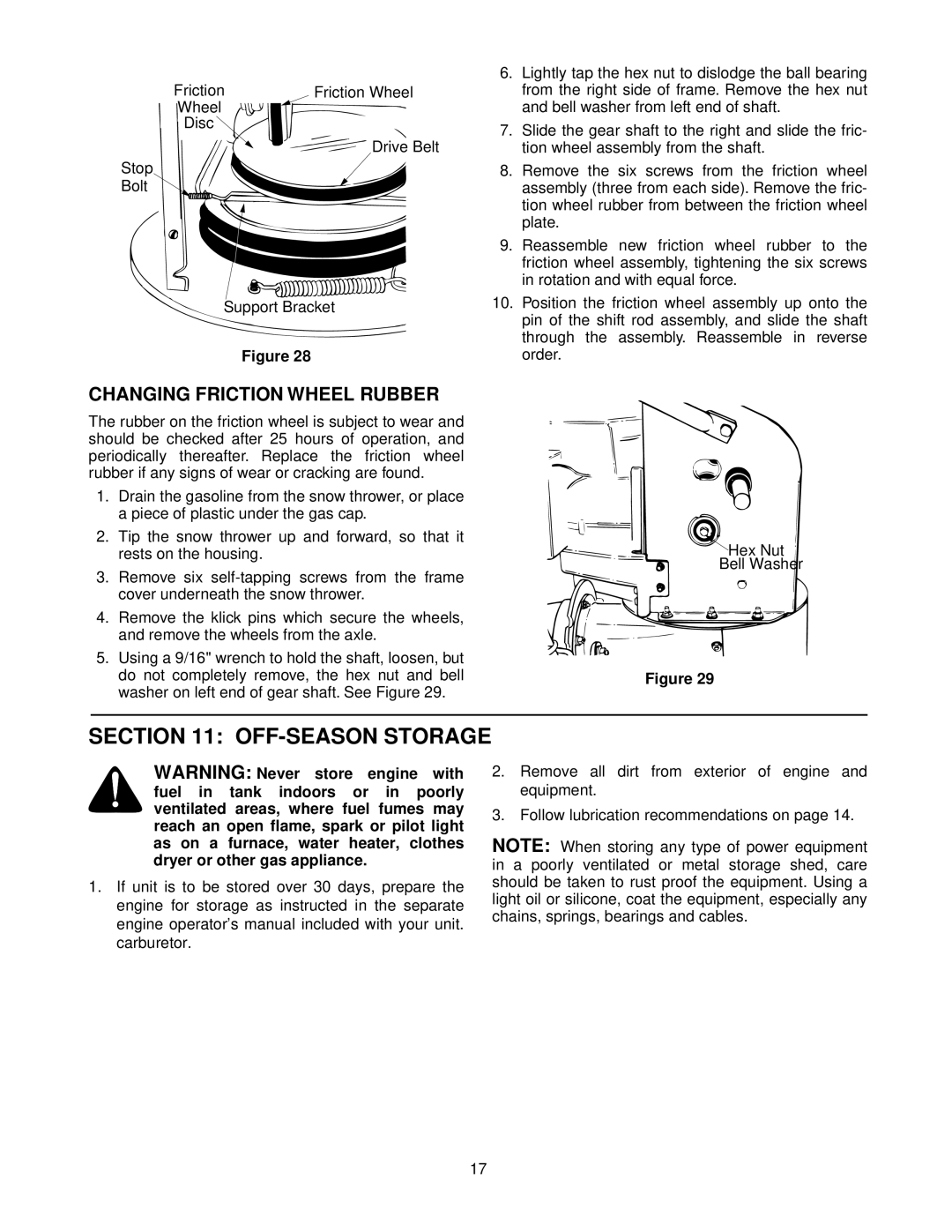 MTD E610E, E660G, E640F manual OFF-SEASON Storage, Changing Friction Wheel Rubber 